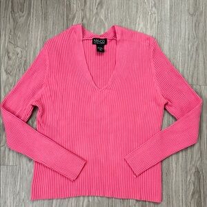 New York & Company Vibrant Pink V-Neck Sweater Size L